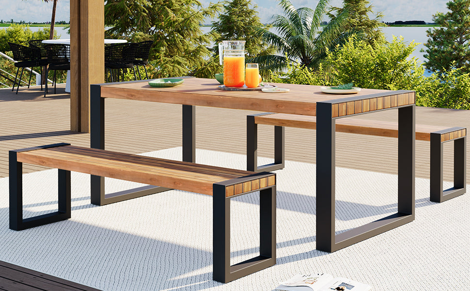 GO 3-pieces Outdoor Dining Table With 2 Benches, Patio Dining Set With Unique Top Texture, Acacia Wood Top & Steel Frame, All Weather Use, For Outdoor & Indoor, Natural - DTYStore