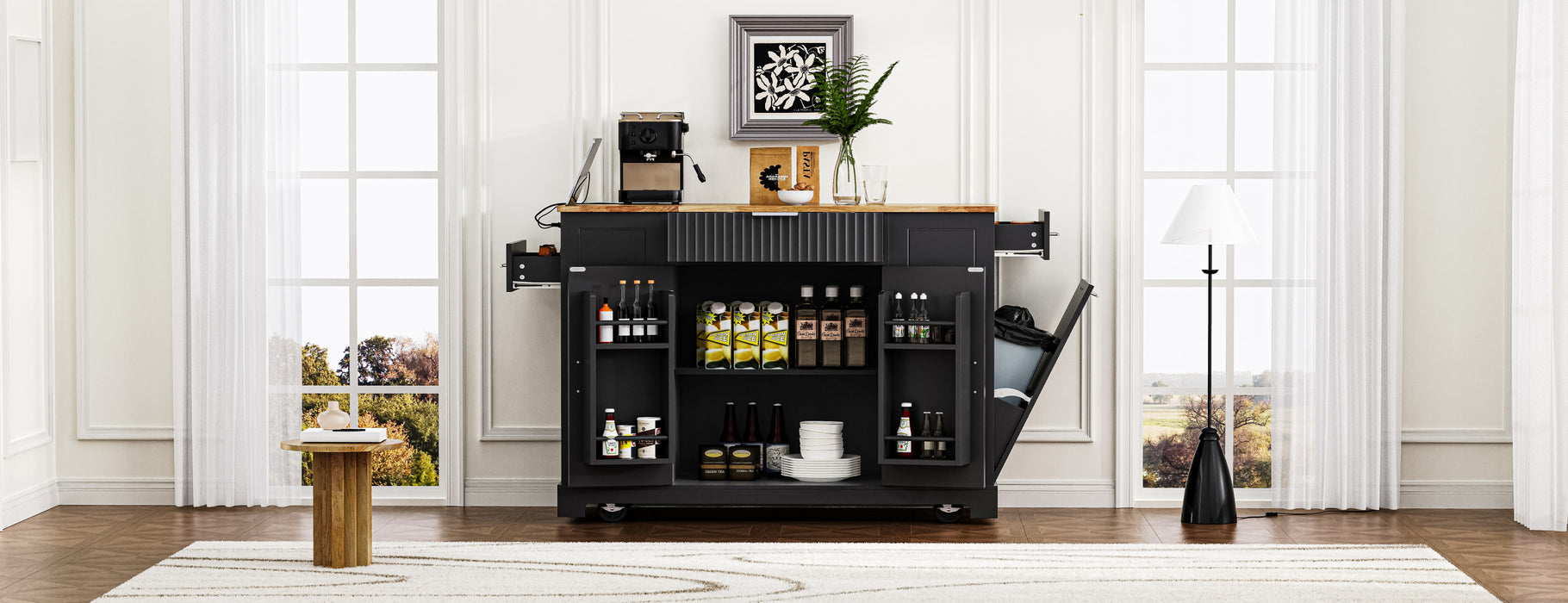 Fluted Kitchen Island with Trash Can Storage Cabinet, Power Outlet, Internal Storage Rack, Rolling Kitchen Islands on 5 Wheels with 3 Drawer, 3 Open Side Racks for 10 Gallon Garbage Bin, Black - DTYStore