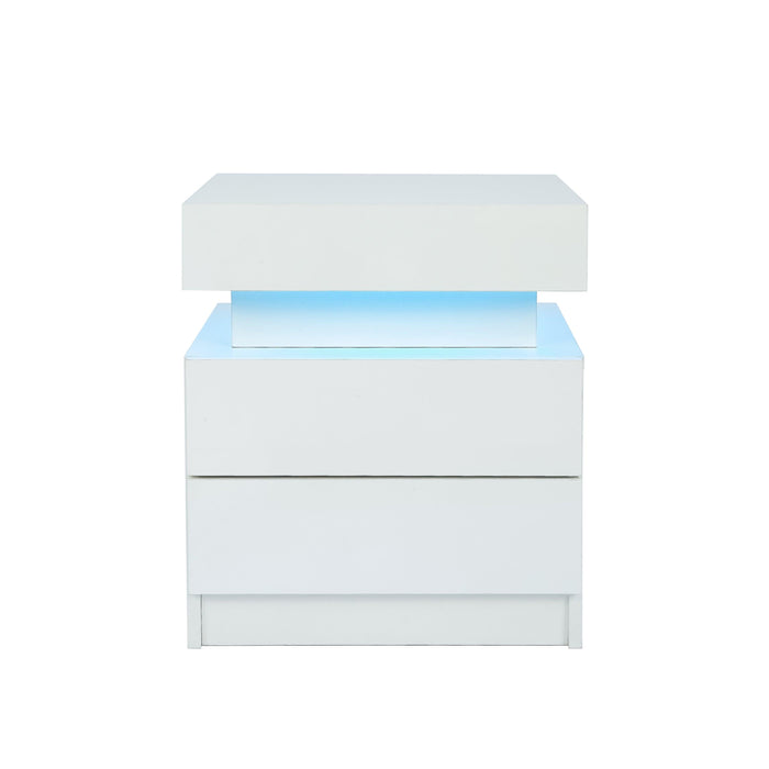 LED Nightstand Modern White Nightstand with Led Lights Wood Led Bedside Table Nightstand with 2 High Gloss Drawers for Bedroom