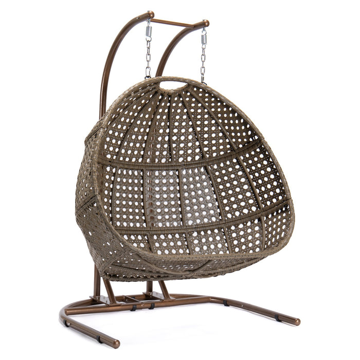 Brown Wicker Hanging Double-Seat Swing Chair with Stand w/Beige Cushion - DTYStore