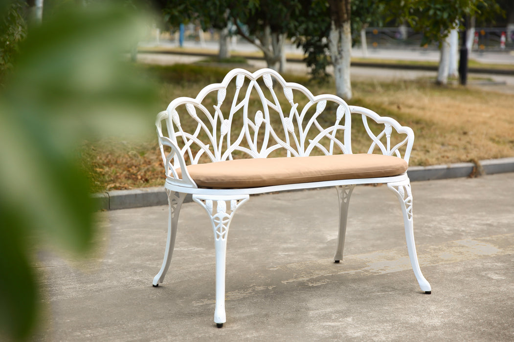 Tulip Patio Garden Bench Metal Park Bench Cast Aluminum Outdoor Furniture with Floral Rose for Patio,Park,Lawn,Yard 
with cushion - DTYStore
