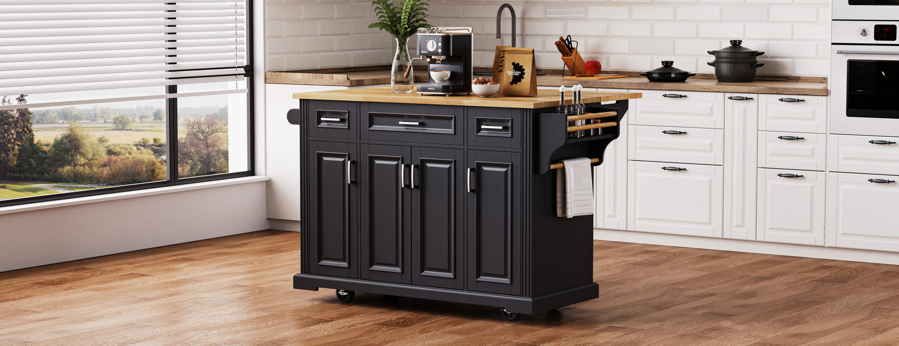 54inch Large Kitchen Island with Rubber Wood Drop Leaf, Embossed Texture Rolling Kitchen Cart on 4 Wheels with 4 Doors and 3 Drawers, Kitchen Island with Storage for Kitchen, Dining Room,Black - DTYStore