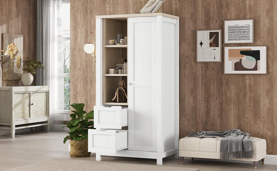 Bedroom Storage Wardrobe with Hanging Rods and 2 Drawers and Open Shelves,Sliding Door,White