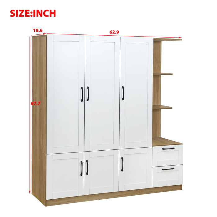 3 Door Wooden Storage Wardrobe for Dedroom with Shelves and 2 Drawers, Side Storage Shelves,White - DTYStore