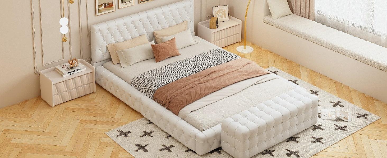 2-Pieces Bedroom Sets Queen Size Upholstered Bed with Rectangular Upholstered Ottoman for Bedroom,White