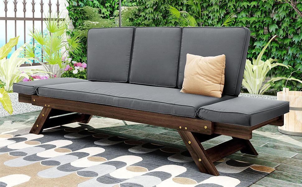 Outdoor Adjustable Patio Wooden Daybed Sofa Chaise Lounge with Cushions for Small Places