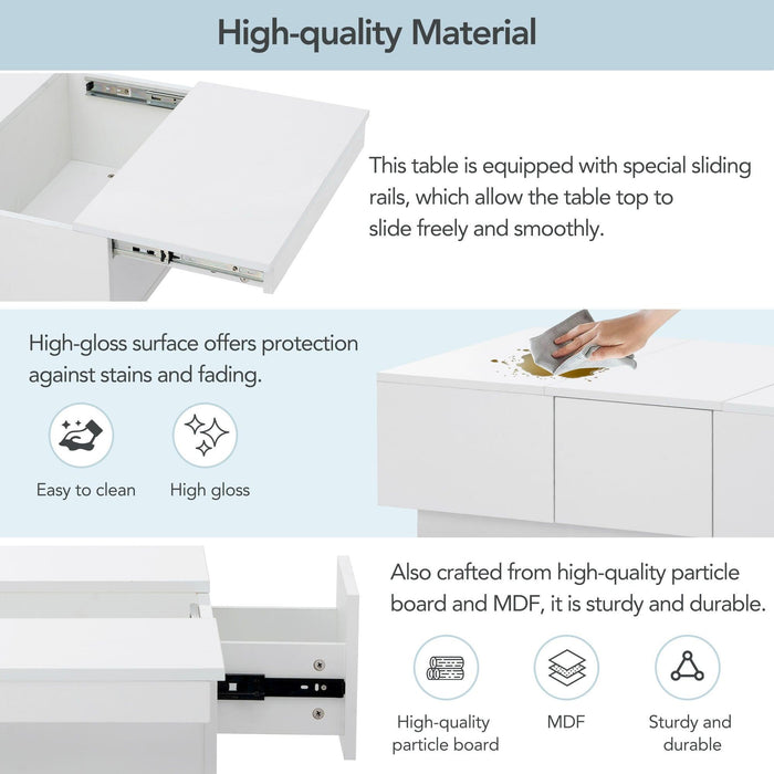 ON-TREND Coffee Table with 2 large Hidden Storage Compartment, Extendable Cocktail Table with 2 Drawers, High-gloss Center Table with Sliding Top for Living Room, 39.3"x21.6", White