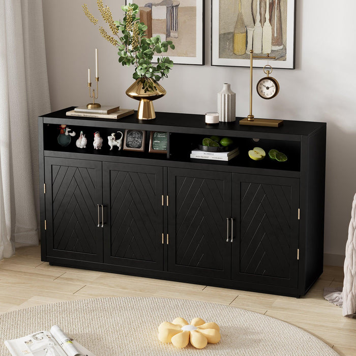 TREXM 4-door Classic Sideboard with Open Storage and Adjustable Shelves Perfect for kitchens, living rooms (Black)