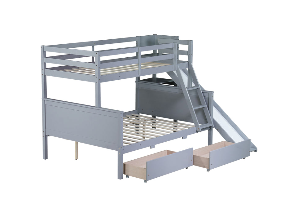 Twin over Full Bunk Bed with 2 Drawers, Slide, Shelves, Ladder, Rubber Wood Bunk Bed with Slide, Drawers,Grey(Old Sku:W504S00061) - DTYStore