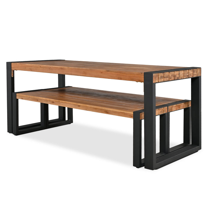 GO 3-pieces Outdoor Dining Table With 2 Benches, Patio Dining Set With Unique Top Texture, Acacia Wood Top & Steel Frame, All Weather Use, For Outdoor & Indoor, Natural - DTYStore