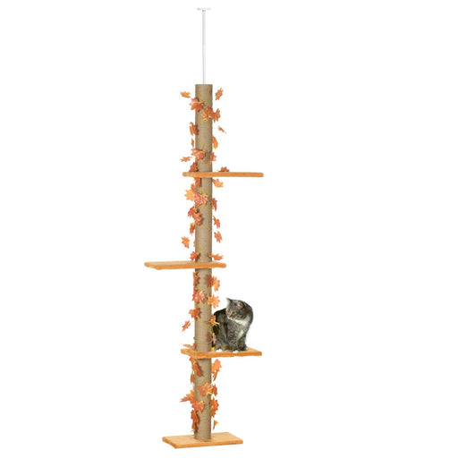 Floor to Ceiling Cat Tree, 80" - 95" Adjustable Tall Cat Tower, 3-Level Cat Climbing Towe for Indoor Cats with Sisal Scratching Post, Platforms, Leaves, Orange - DTYStore