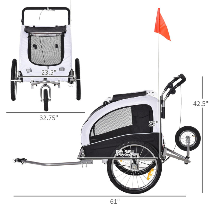 Dog Bike Trailer 2-In-1 Pet Stroller with Canopy and Storage Pockets, White