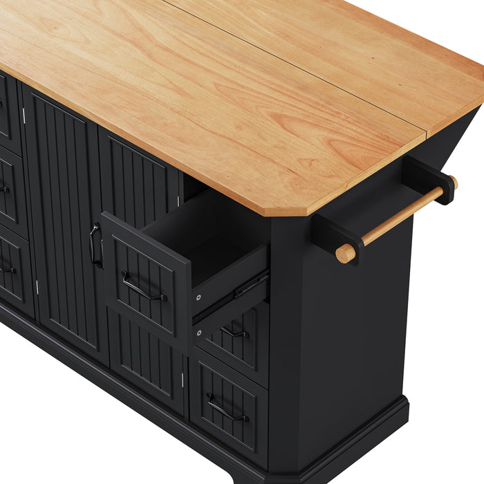 56 inch Kitchen Island with Rubber Wood Veneer Drop Leaf, Power Outlet, 4 Door Shelves, Embossed Vertical Stripe Rolling Kitchen Cart on 4 Wheels with 6 Deep Drawers for Kitchen, Dining Room,Black - DTYStore