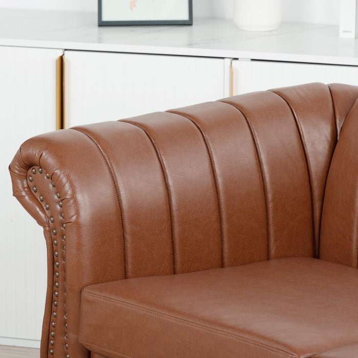 83.46" Brown PU Rolled Arm Chesterfield Three Seater Sofa.