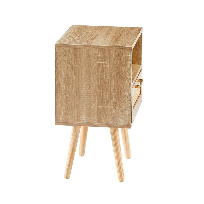 15.75" Rattan End table with drawer and solid wood legs, Modern nightstand, side table for living room, bedroom,natural - DTYStore