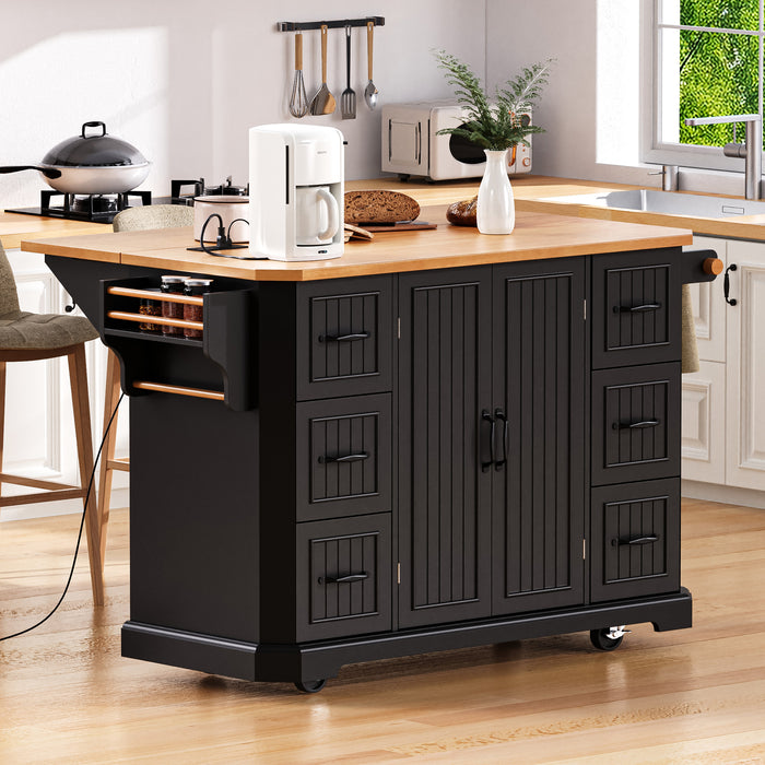 56 inch Kitchen Island with Rubber Wood Veneer Drop Leaf, Power Outlet, 4 Door Shelves, Embossed Vertical Stripe Rolling Kitchen Cart on 4 Wheels with 6 Deep Drawers for Kitchen, Dining Room,Black - DTYStore