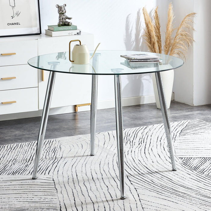 A glass tabletop with a diameter of 40 inches and a modern minimalist circular dining table with electroplated silver metal legs. Suitable for restaurants, living rooms, and conference rooms.