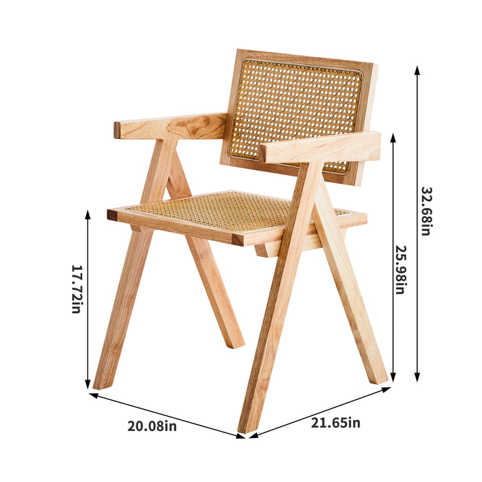 2 dining chairs, natural color, rubber wood rattan weaving technology, armrest solid wood dining chair, living room chair, simple and natural - DTYStore