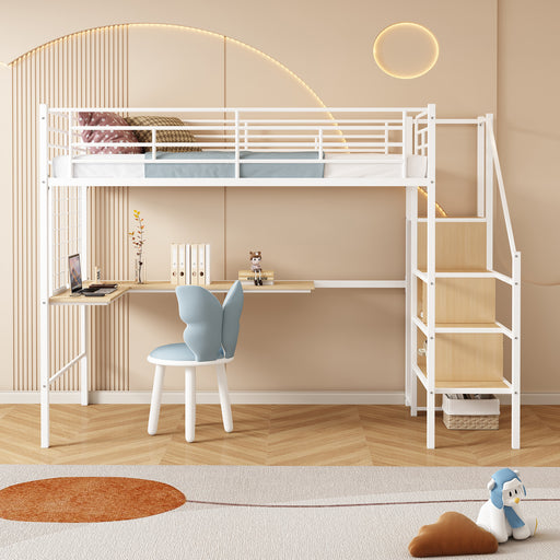 Twin Loft Bed with Desk and Storage Wardrobe, Heavy Duty Loft Bed with Stairs and Metal Grid, Twin Size Loft Bed, No Box Spring Needed, White Loft Bed Twin Size-White - DTYStore