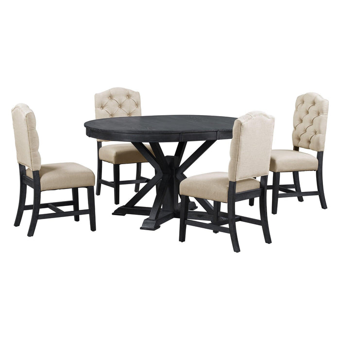 Functional Furniture Retro Style Dining Table Set with Extendable Table and 4 Upholstered Chairs for Dining Room and Living Room