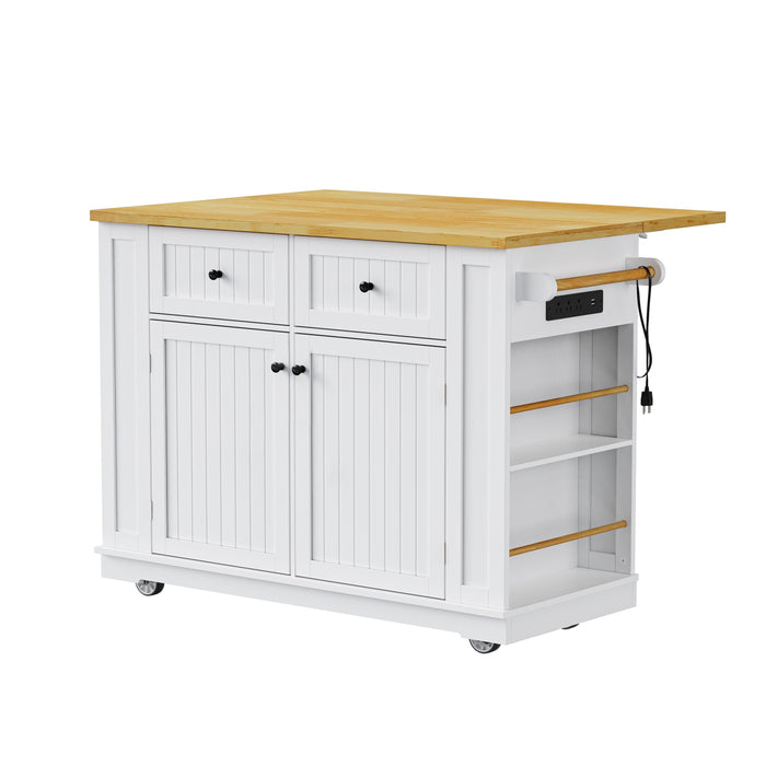 48inch Large Kitchen Island with 2 Bar Stools, Power Outlet, Door Internal Storage Rack, Kitchen Storage Cart on 5 Wheels with Drop Leaf, 5 Open Side Racks, 2 Drawers,for Kitchen,Dining Room,White - DTYStore