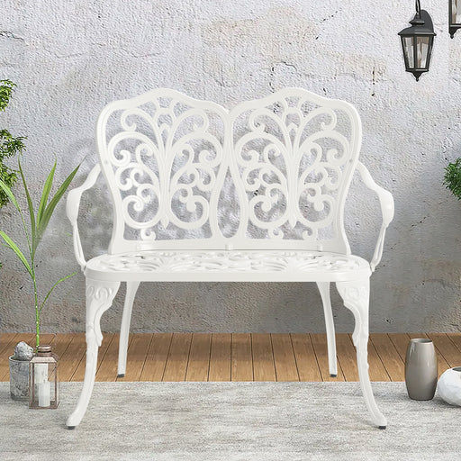 Patio Garden Bench Metal Park Bench Cast Aluminum Outdoor Furniture with Floral Rose for Patio,Park,Lawn,Yard white - DTYStore