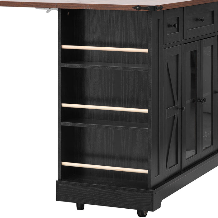 53'' Farmhouse Kitchen Island with Two Tempered Glass Cabinet Doors, Power Outlet, Rolling Kitchen Cart on Wheels with Drop Leaf, 5 Open Side Racks, 3 Drawers, for Kitchen, Dining Room, Black - DTYStore