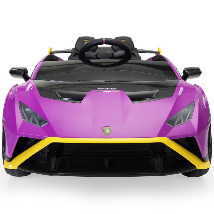 12V Battery Powered Ride On Car for Kids, Licensed Lamborghini, Remote Control Toy Vehicle with Music Player and LED Light Purple