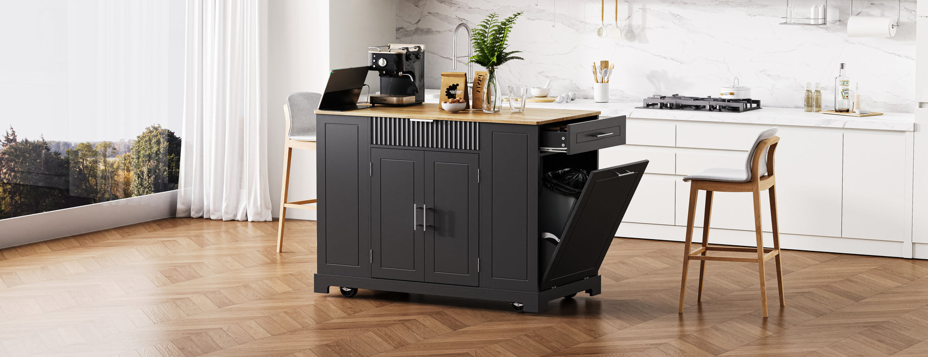 Fluted Kitchen Island with Trash Can Storage Cabinet, Power Outlet, Internal Storage Rack, Rolling Kitchen Islands on 5 Wheels with 3 Drawer, 3 Open Side Racks for 10 Gallon Garbage Bin, Black - DTYStore