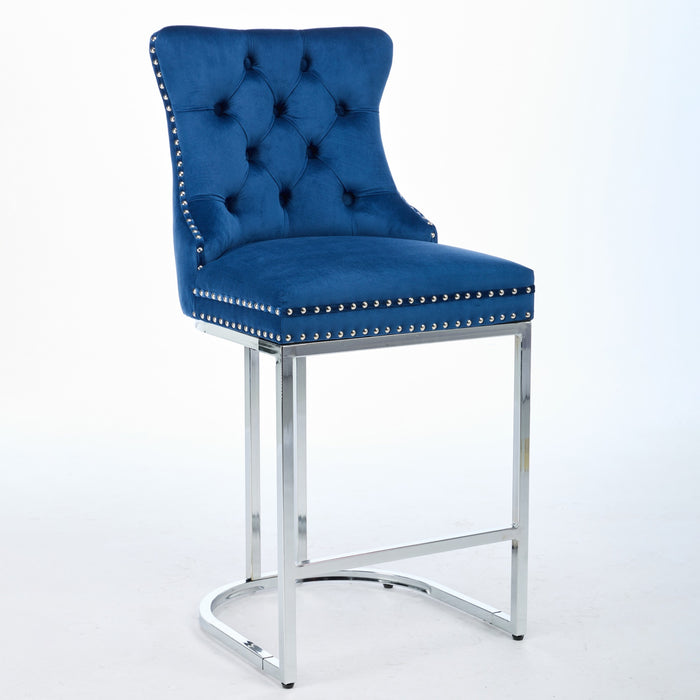 25' Counter Height Bar Stools Set of 2, Modern Velvet Barstools with Button Back&Rivet Trim Upholstered Kitchen Island Chairs with Sturdy Chromed Metal Base Legs Farmhouse Bar Stools, (Blue,2 Pack) - DTYStore