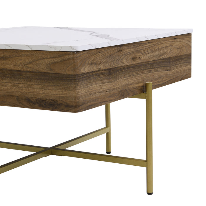 Modern Square Lift-Top Coffee Table Set with Storage & 4 Ottomans White & Walnut - DTYStore