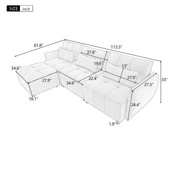 113.3" Convertible Sectional Sofa Couch 3-Seat L-Shaped with Movable Ottoman and USB