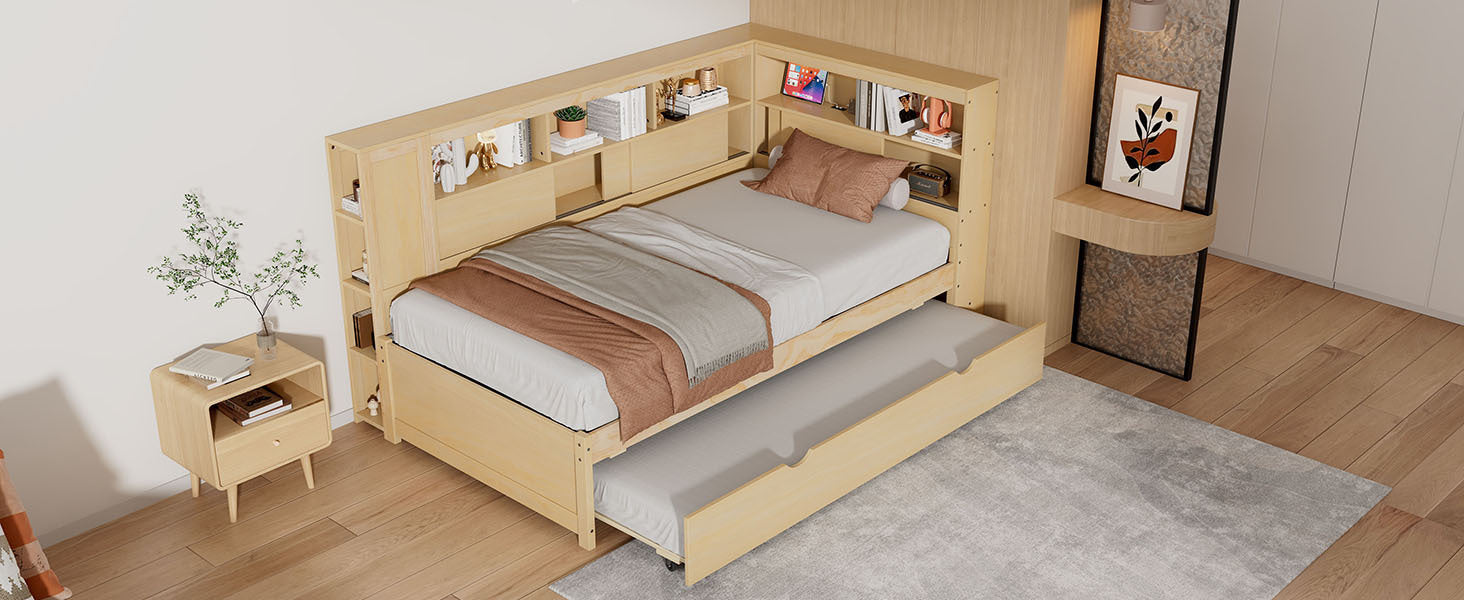 Twin Size Wood Daybed with Storage Shelves, USB and Trundle, Natural - DTYStore