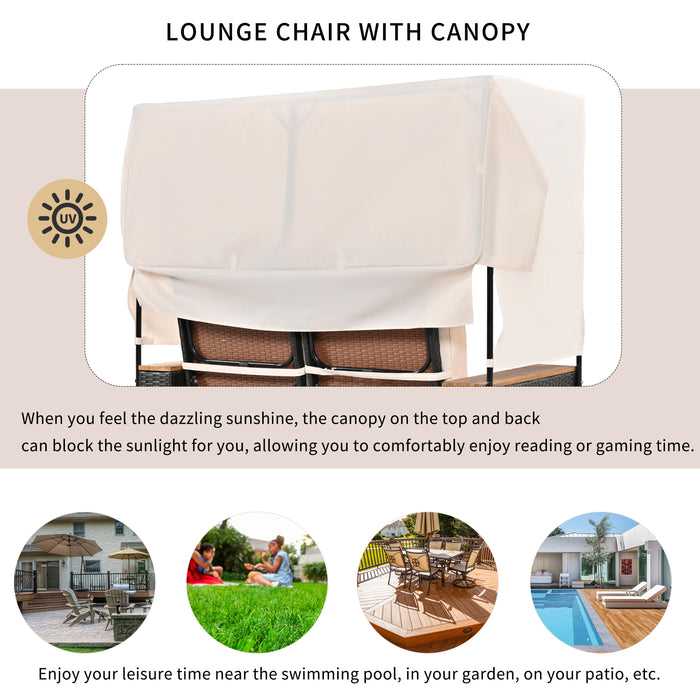 2-Piece Outdoor Rattan Daybed, Outdoor Bed with 5 Positions, Outdoor Loveseat Patio Sofa with Bench Lounge Roof Set and Cushions for Poolside, Backyard and Garden (Brown Wicker + Beige Fabric) - DTYStore