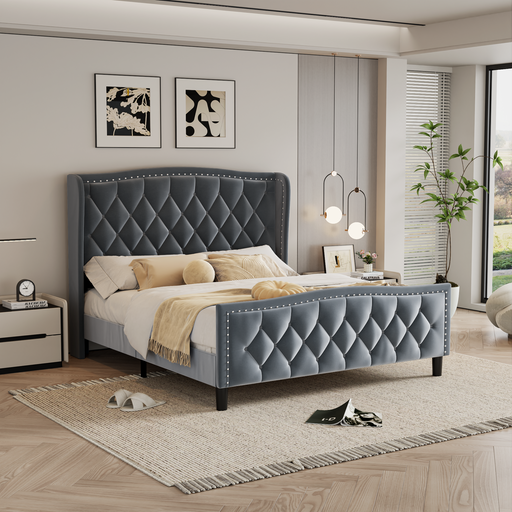 Full Size Bed Frame, Modern Upholstered Platform Bed with Wingback Headboard, Velvet Bed Frame with Wood Slat Support, Easy Assembly, No Box Spring Needed(Gray, Full) - DTYStore