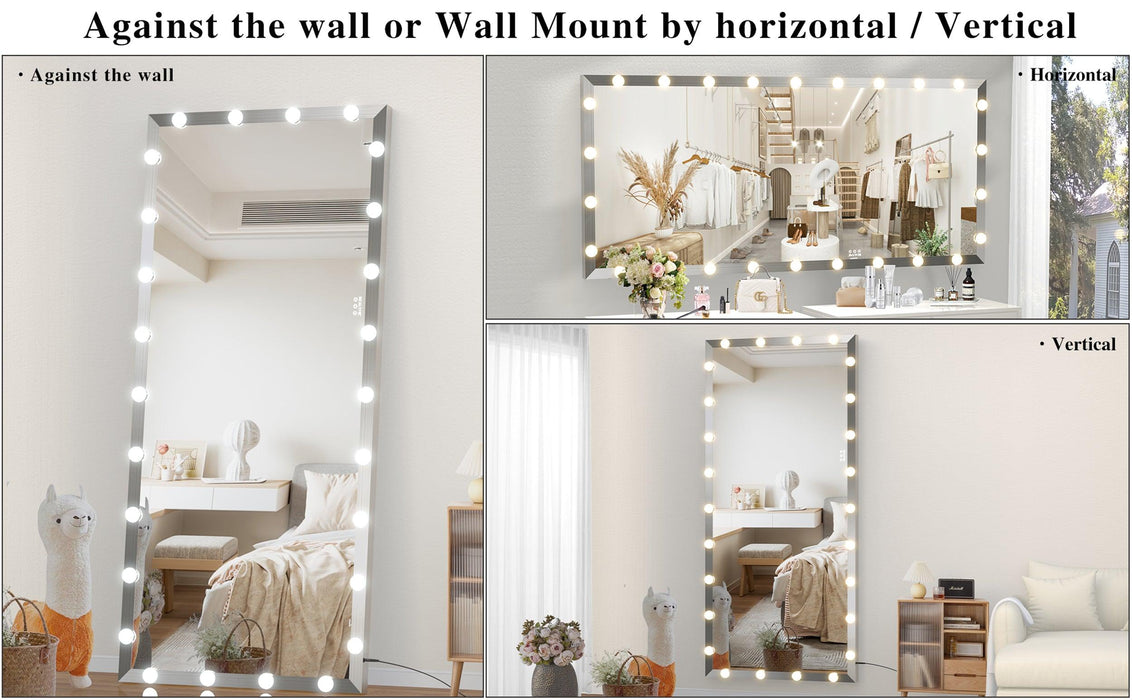 Hollywood Full Length Mirror with Lights Oversized Full Body Vanity Mirror with 3 Color Modes Lighted Large Standing Floor Mirror for Dressing Room Bedroom Hotel Touch Control,Silver,72X32 Inch