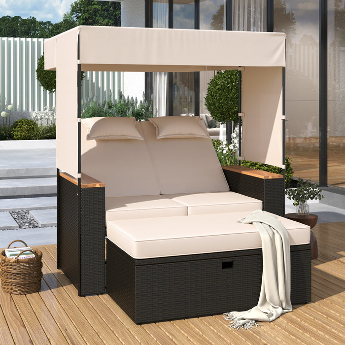 2-Piece Outdoor Rattan Daybed, Outdoor Bed with 5 Positions, Outdoor Loveseat Patio Sofa with Bench Lounge Roof Set and Cushions for Poolside, Backyard and Garden (Brown Wicker + Beige Fabric) - DTYStore
