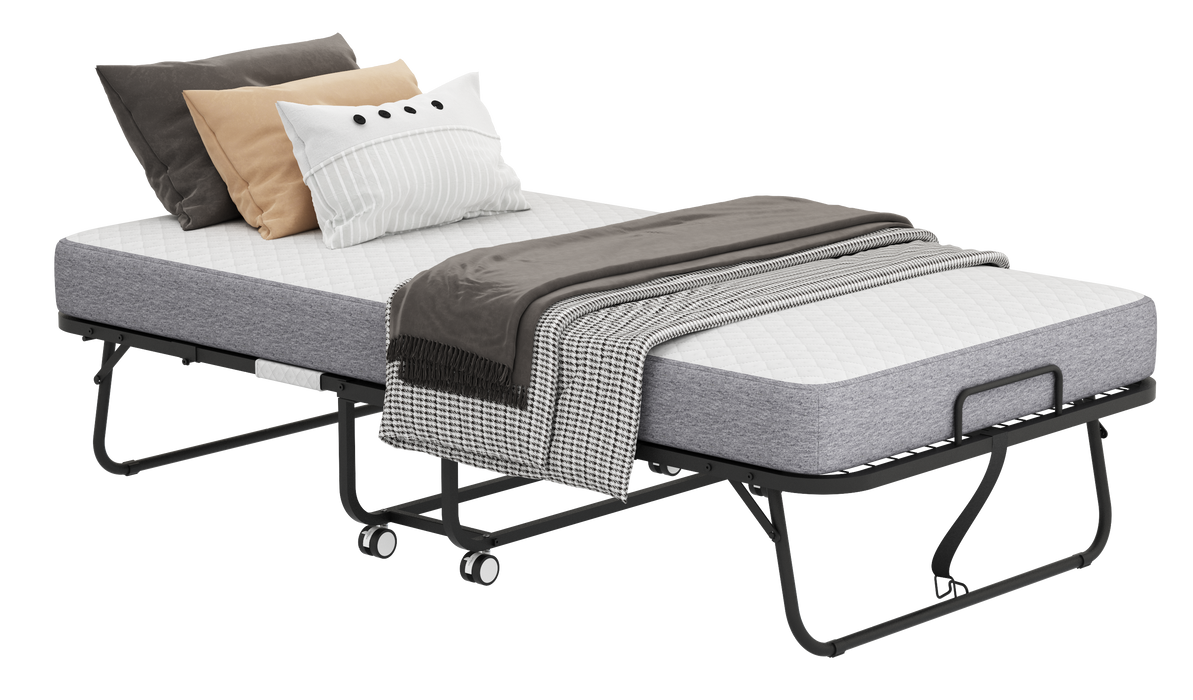 Folding Bed with Mattress 75" x 38" Rollaway Guest Bed Portable Foldable Bed for Adults with 5" Memory Foam Mattress Space-Saving Sturdy Metal Frame Grid Style - DTYStore
