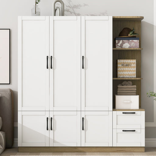3 Door Wooden Storage Wardrobe for Dedroom with Shelves and 2 Drawers, Side Storage Shelves,White - DTYStore