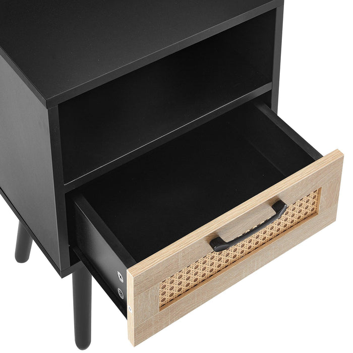 15.75" Rattan End table with drawer and solid wood legs, Modern nightstand, side table for living room, bedroom, black - DTYStore
