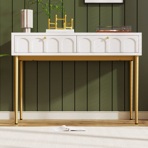 Modern metal leg double drawer dressing table, combining high-quality wood and metal, simple style, multifunctional dressing table, suitable for bedroom, living room, and office use - DTYStore