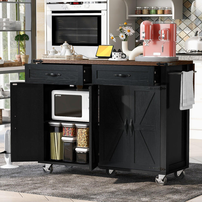 K&K 53.5''Farmhouse Kitchen Island with Power Outlet, Kitchen Storage Island with Drop Leaf, Spice Rack and Drawer, Rolling Kitchen Cart on Wheels, for Home, Kitchen and Dining Room, Black