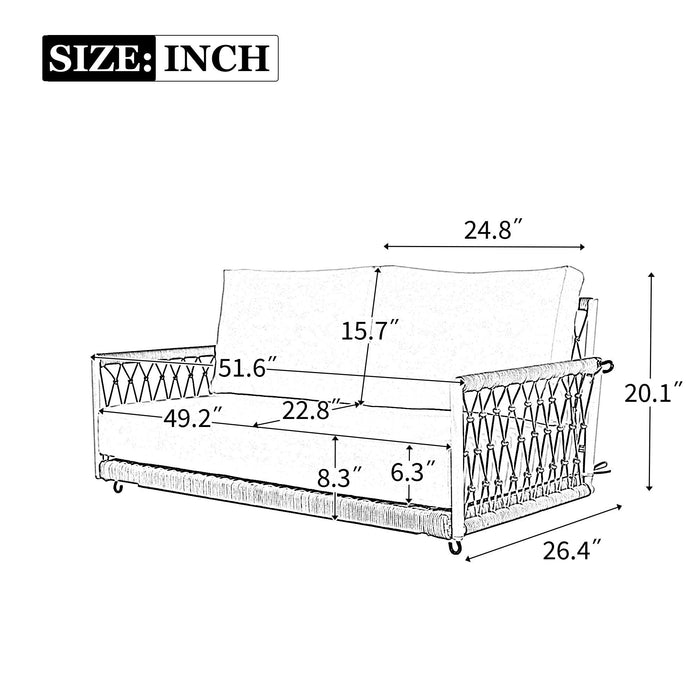 1-Piece Woven Rope Outdoor Swing Sofa with Soft Cushions Seating 2 for Patio, Courtyard and Balcony (Light Grey)