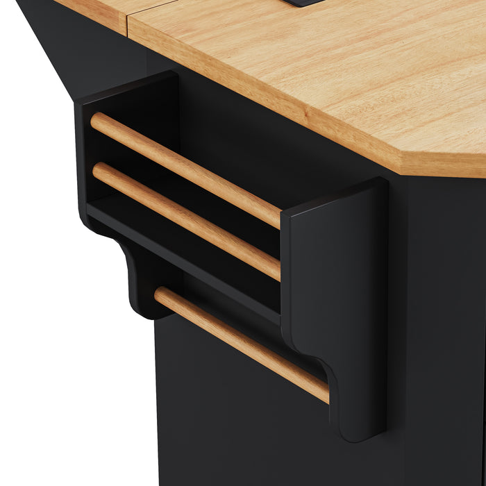 56 inch Kitchen Island with Rubber Wood Veneer Drop Leaf, Power Outlet, 4 Door Shelves, Embossed Vertical Stripe Rolling Kitchen Cart on 4 Wheels with 6 Deep Drawers for Kitchen, Dining Room,Black - DTYStore