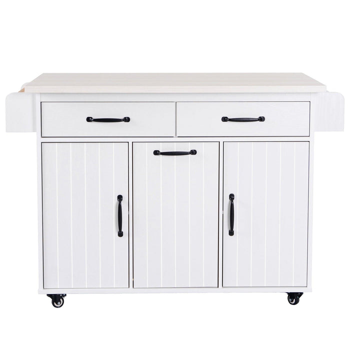 Kitchen Island with Trash Can Storage Cabinet, Kitchen Cart with Drop Leaf, Spice Rack, Towel Rack and Drawer, Rolling Kitchen Island on Wheels with Adjustable Shelf, White - DTYStore