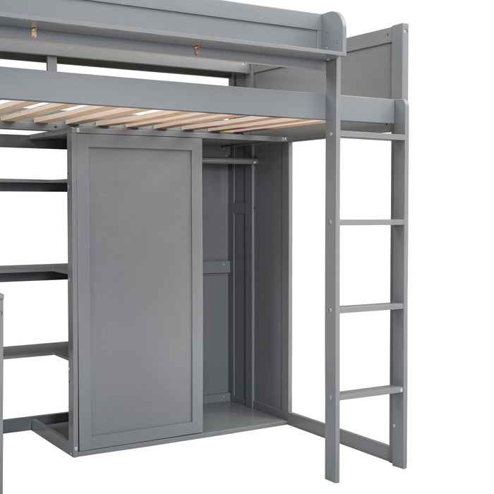 Wood Twin Size Loft bed with Multiple Storage Shelves and Wardrobe, Gray