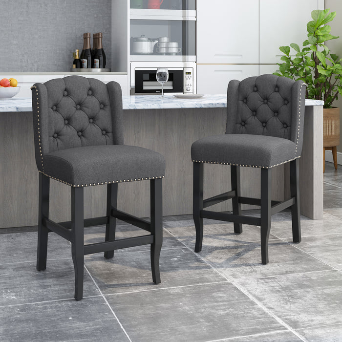 Vienna Contemporary Fabric Tufted Wingback 27 Inch Counter Stools, Set of 2, Charcoal and Dark Brown - DTYStore