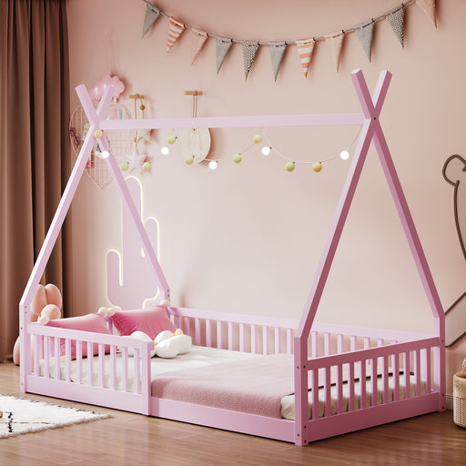 Twin Size Wood House Bed with Fence, Pink - DTYStore