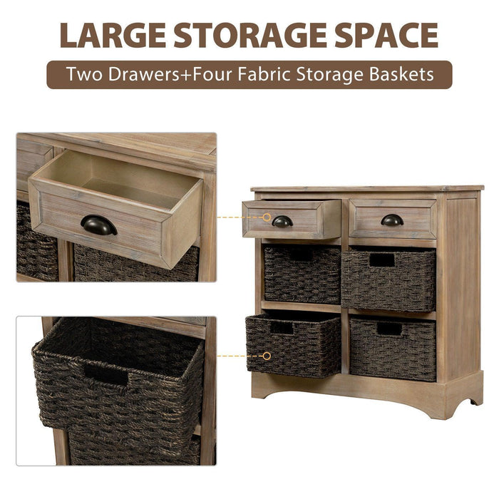 Rustic Storage Cabinet with Two Drawers and Four Classic Rattan Baskets for Living Room