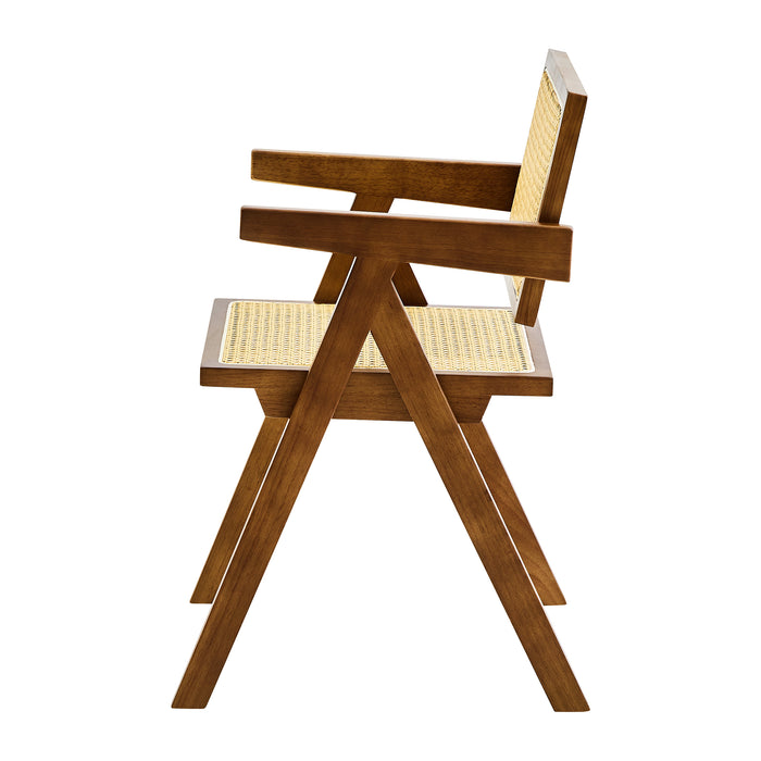 2 dining chairs, walnut color, using rubber wood rattan weaving process, armrest solid wood dining chair, living room chair, simple and natural - DTYStore